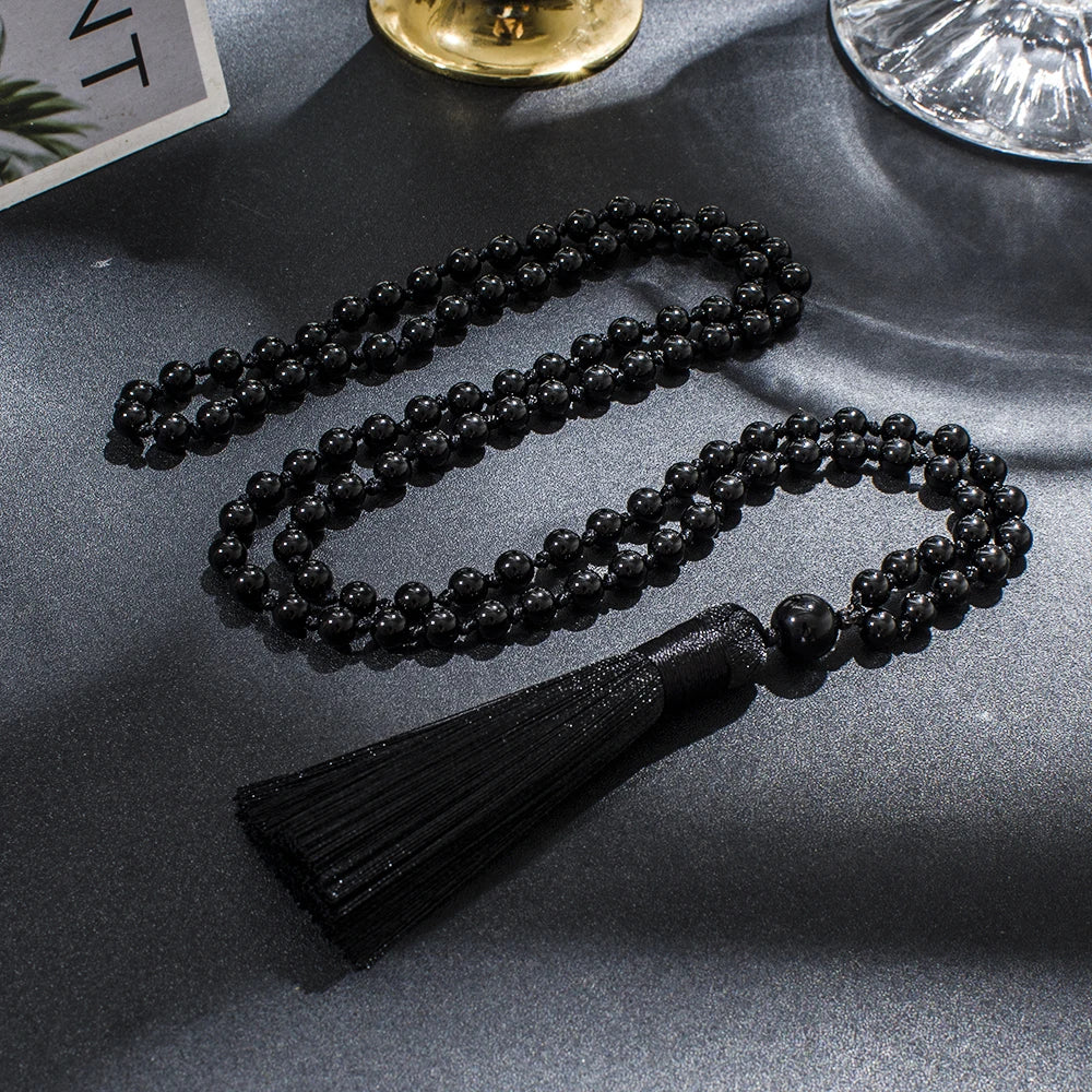 6mm Black Onyx Beaded Knotted 108 Mala Necklace Meditation Yoga Prayer Jewelry Japamala Tassel Rosary
