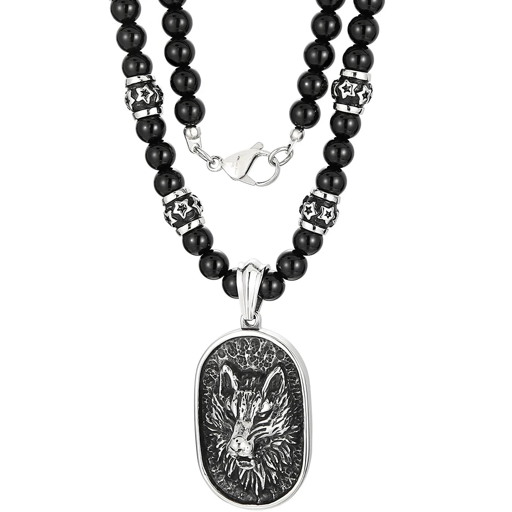Men's Steampunk Dragon Wolf Head Pendant Necklace For Men Man 8MM Width 70CM Long Agate Stone Bead Chain Stainless