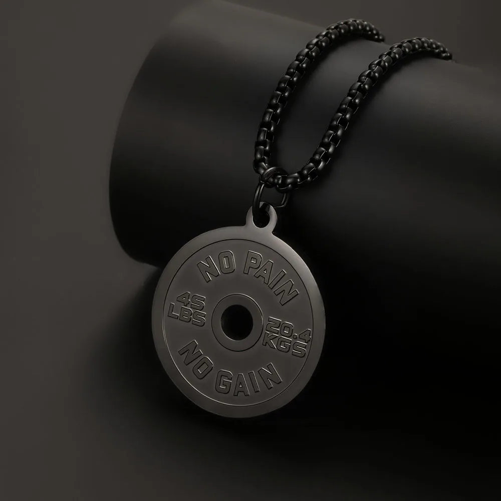 1PC  ING Fadeless Stainless Steel Round Dumbbell Pendant Necklace for Men NO PAIN NO GAIN Fitness Necklace Man Spiritual Jewelry