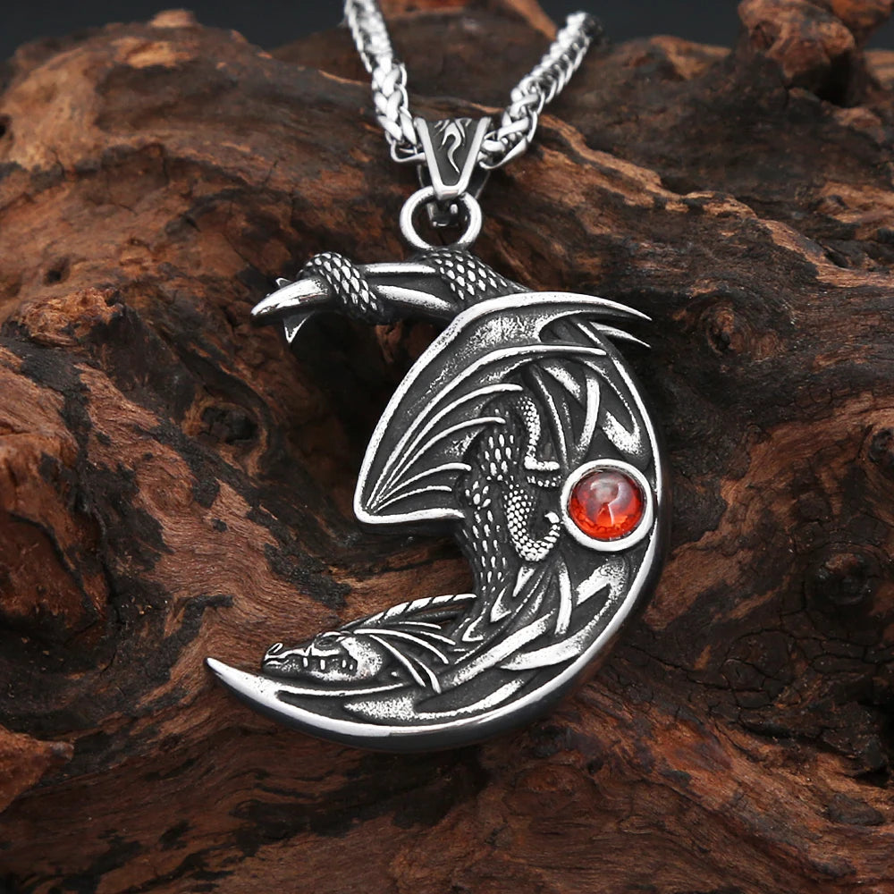 Dragon Stone Moon Pendant — Stainless Steel