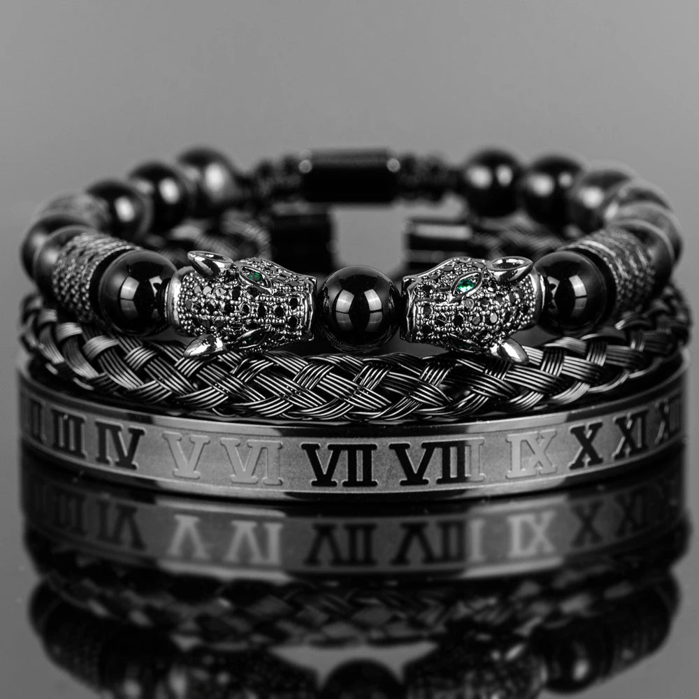 3PCS Mens Premium Black Agate Beaded Bracelet Set - Double Leopard Head, Roman Numerals, Adjustable Braided Design