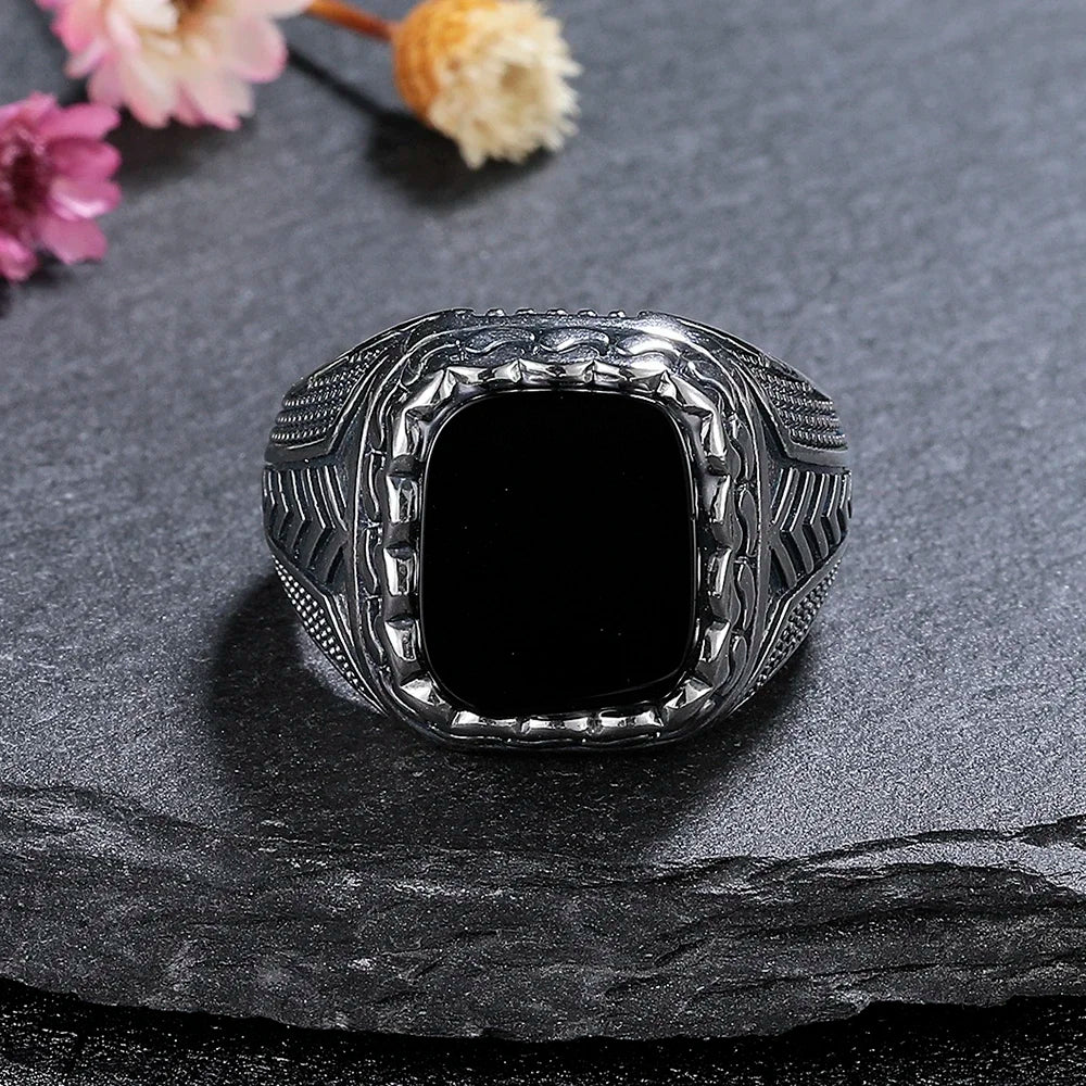 Natural 10*12mm Big Black Agate Stone Vintage Ring For Men Women,Noble Atmospheric Temperament Silver Plated Jewelry Rings Gifts