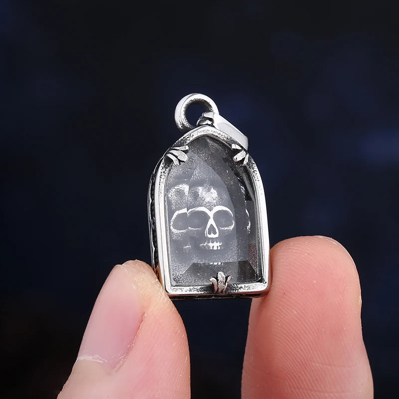 Skull Glass Pendant Necklace — Stainless Steel