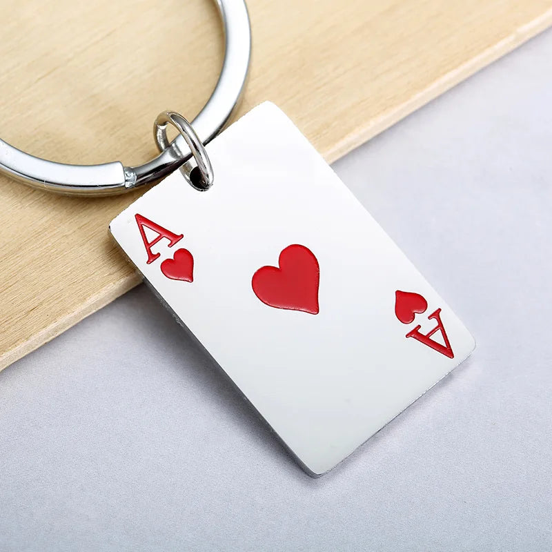 Fashion Lucky Spades Heart Ace Keychain Women Men Stainless Steel Black Red Square Poker Card Key Ring Key Charm Bag Accessories