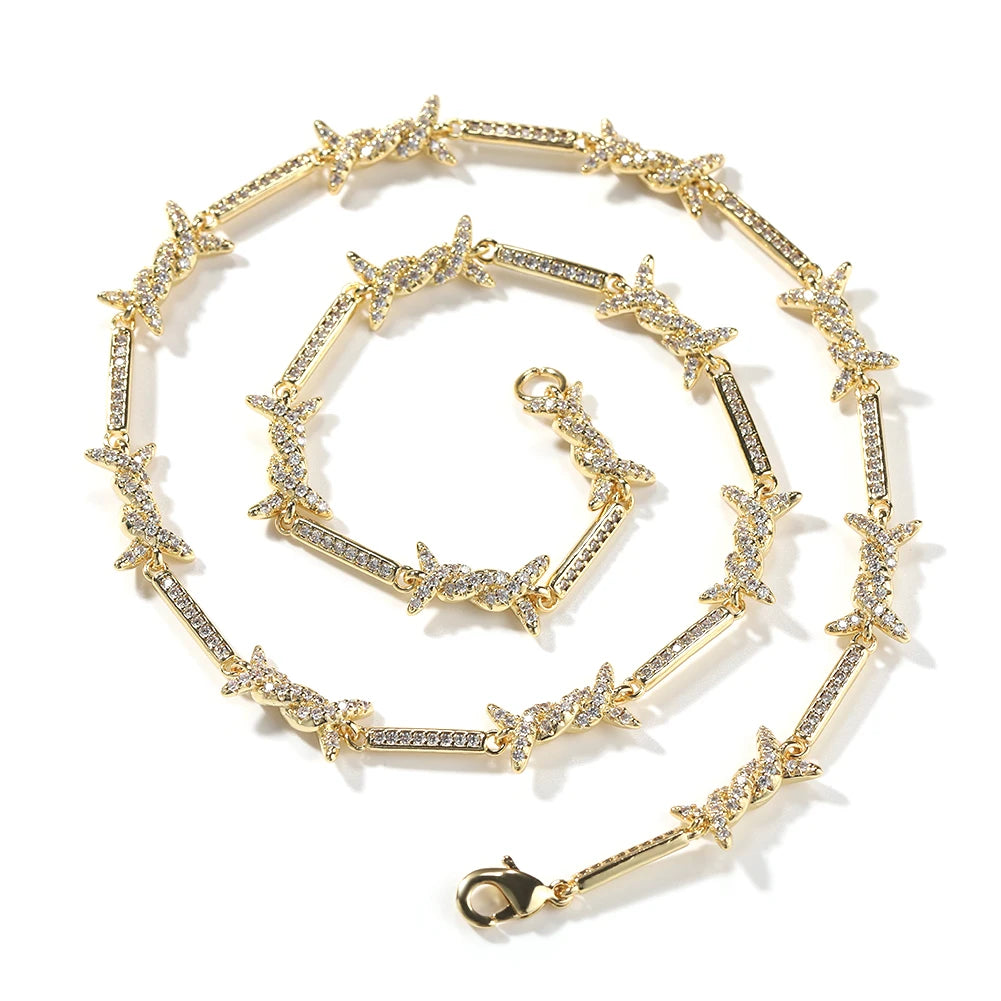 THE BLING KING 3mm Thin Iced Barbed Wire Necklace Micro Paved Cubic Zirconia Punk Twist Spiked Thorns Charm Link Chain Choker
