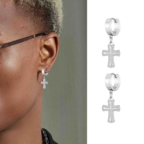 Cross Huggie Hoop Earrings — Stainless Steel