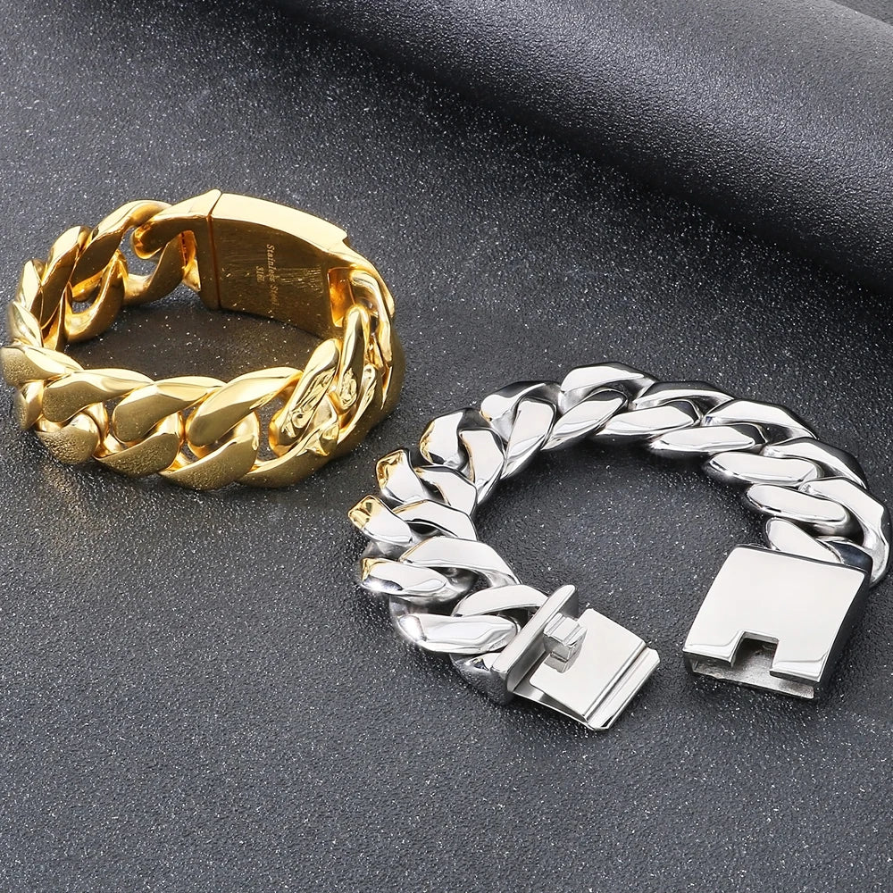 Classic 24MM Width Curb Cuban Link Chain Men Bracelet for Man Matte Brushed Stainless Steel Men's Bracelets Massive