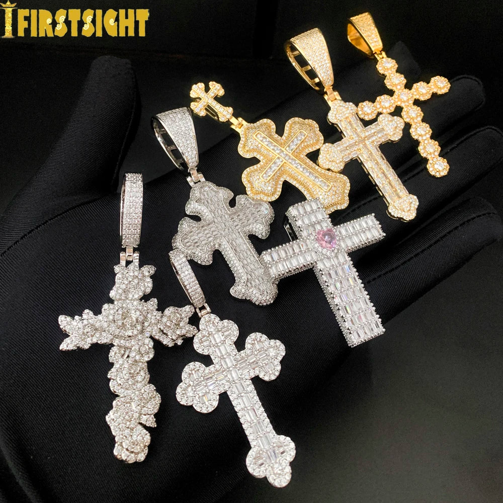 New Iced Out Bling CZ Cross Pendant Necklace Silver Color Prong Setting Cubic Zirconia Jesus Charm Men Women Hip Hop