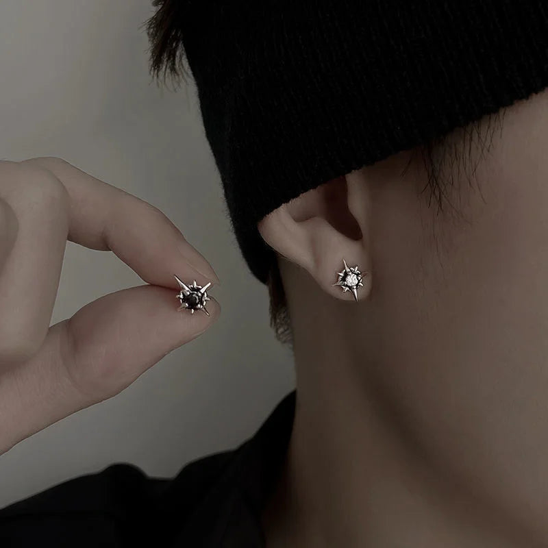 Black CZ Star Stud Earrings with Clear Crystal — Black-Tone