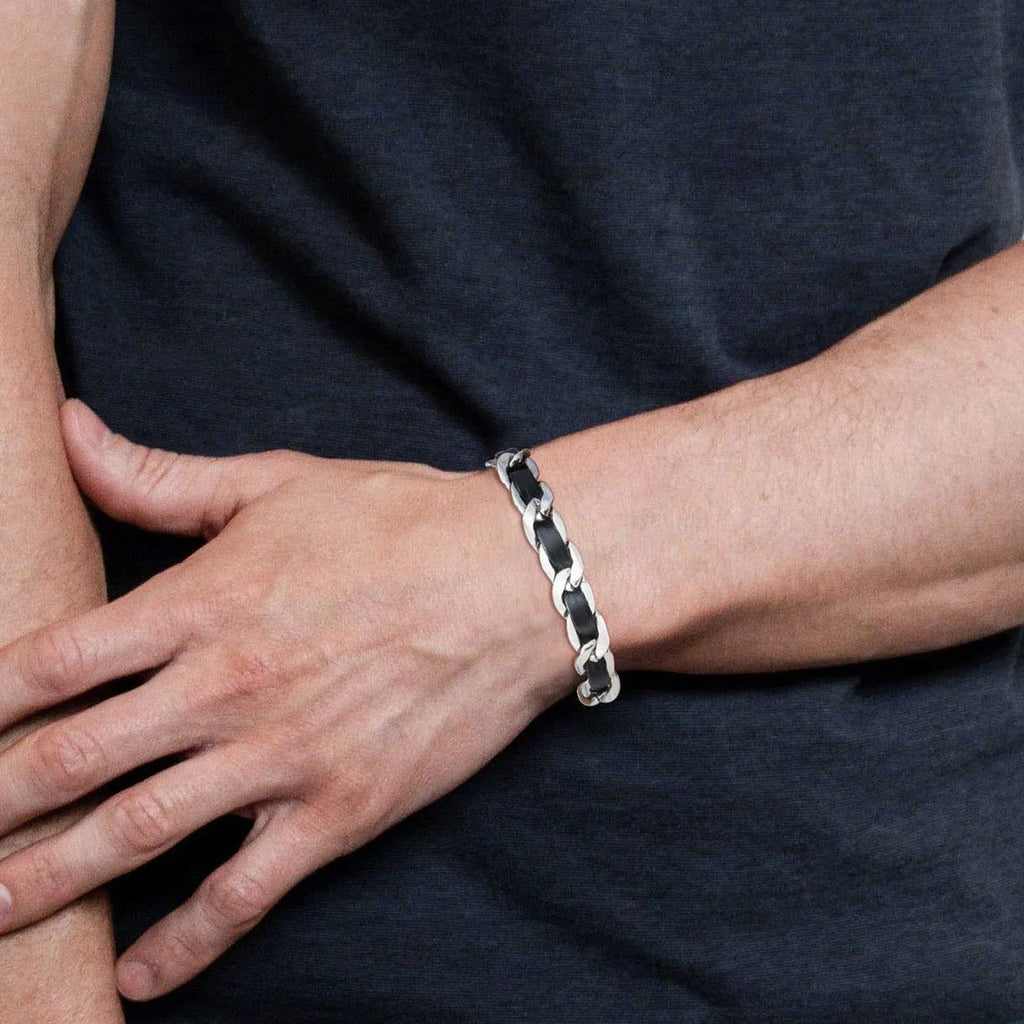 Cuban Black Leather Chain Bracelet — Stainless Steel