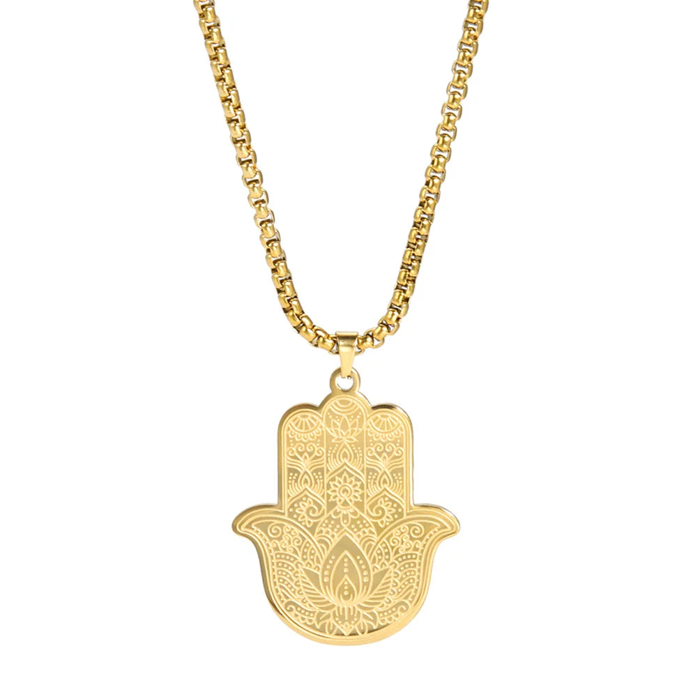 EUEAVAN Hamsa Hand Lotus Flower Pendant Necklace Stainless Steel Box Chain Fatima Yoga Hindu Necklaces Vintage Amulet Jewelry