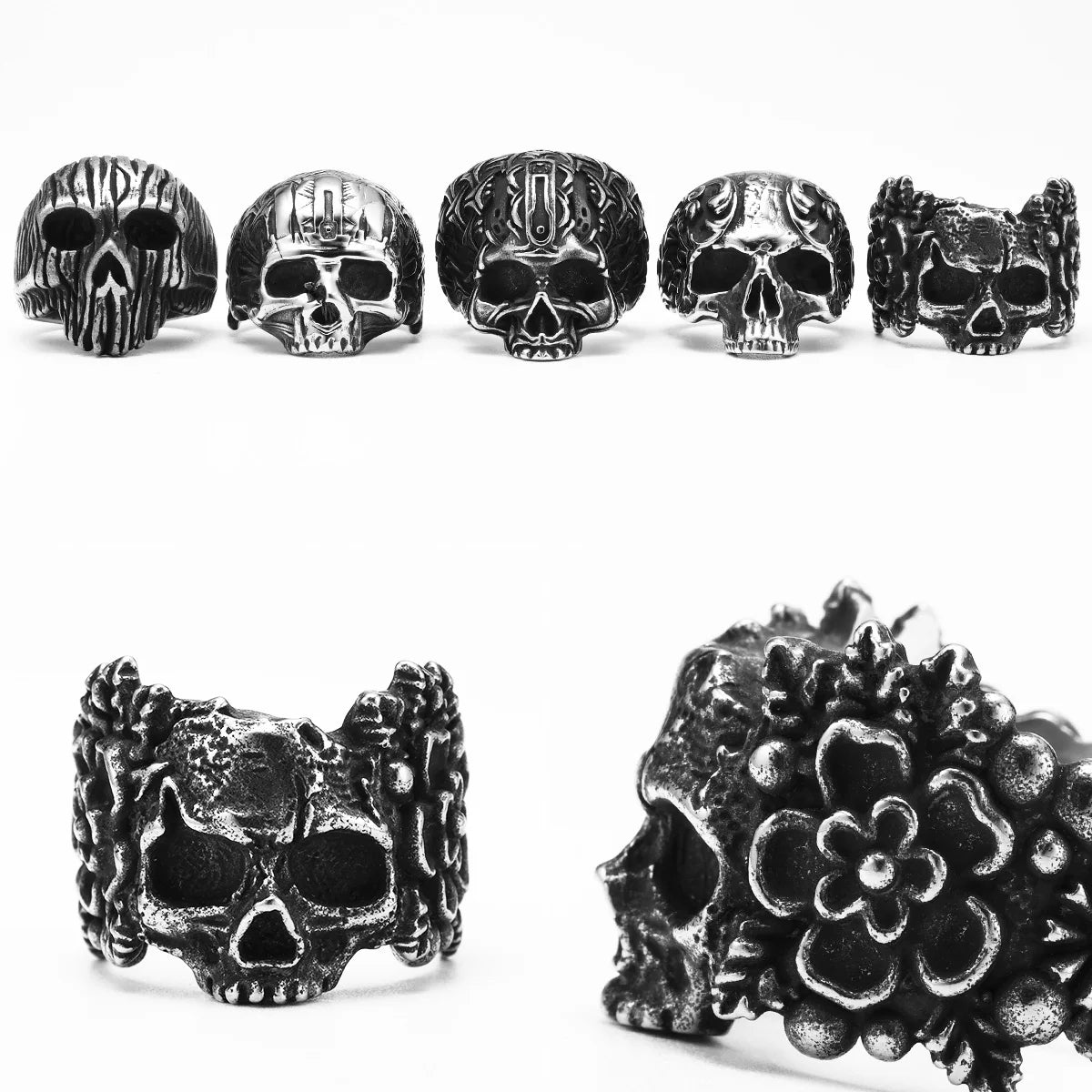 Flower Skull Ring Black — Stainless Steel