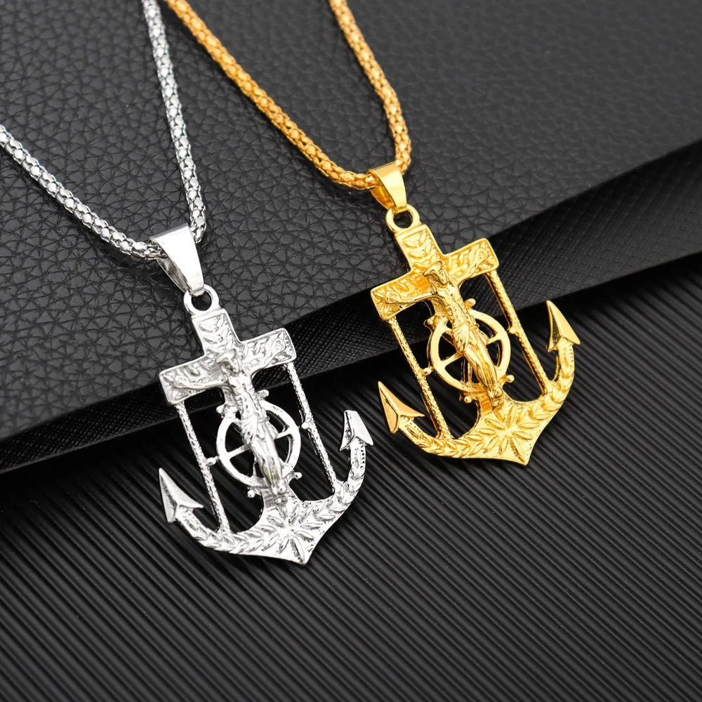 Jesus Christ Religion Necklace New Men's Fashion Titanium Steel Gold-Plated Anchor Cross Pendant Necklace Hip Hop Jewelry