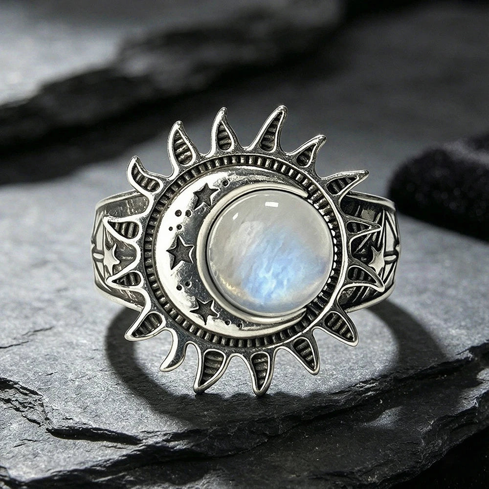 Sun Star Moon Cabochon Ring — Silver-Tone Bohemian