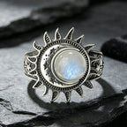 Sun Star Moon Cabochon Ring — Silver-Tone Bohemian