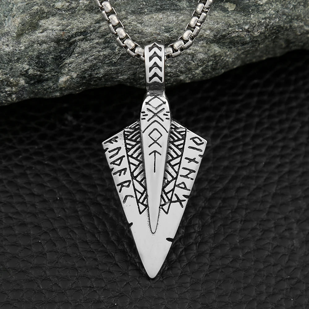 Viking Rune Arrowhead Pendant Necklace — Steel