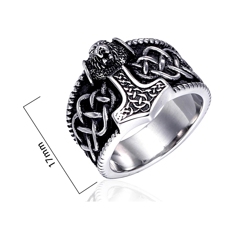 Viking Thor Hammer Bear Head Ring — Stainless Steel