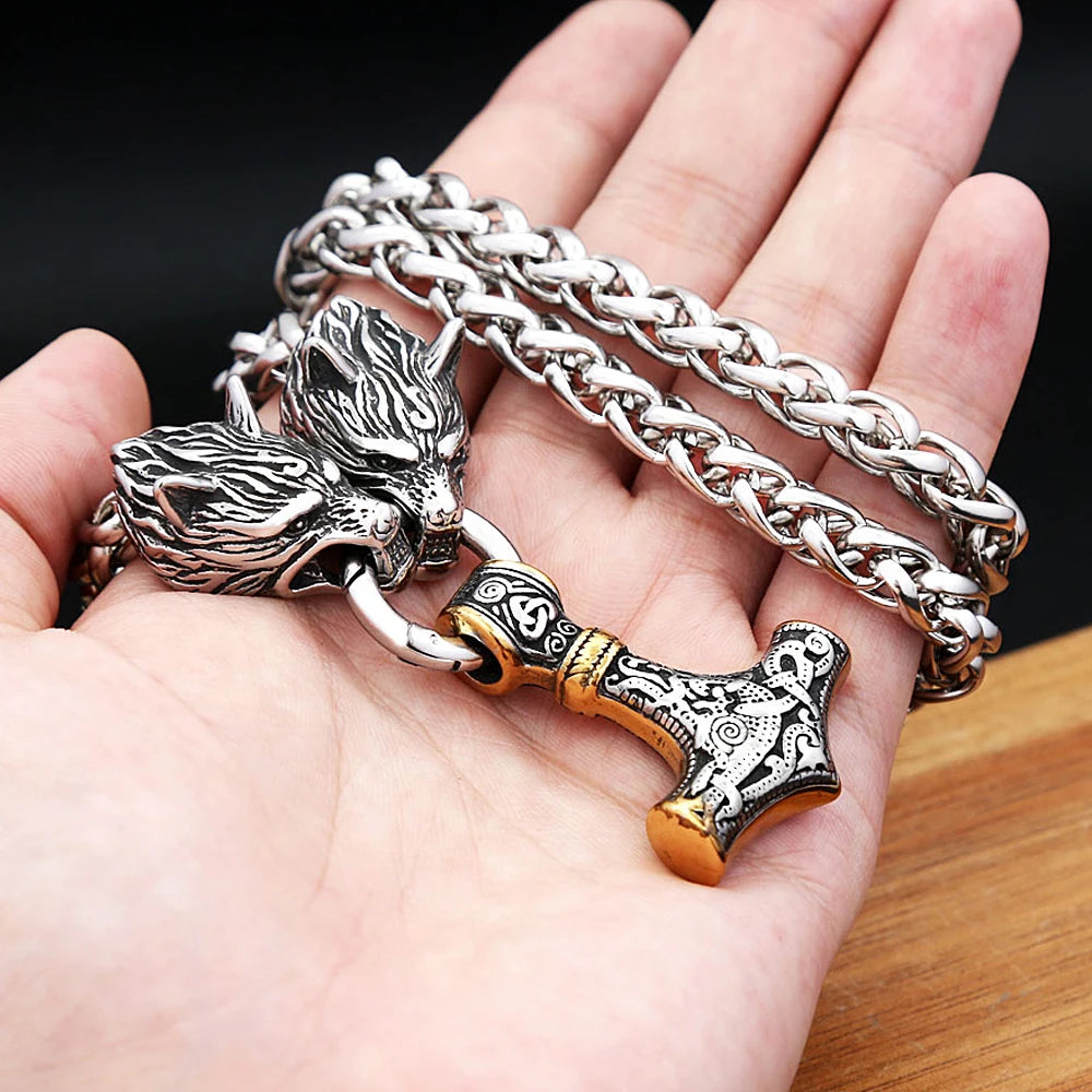 Wolf Thor Hammer Steel Pendant Vintage 316L Thor's