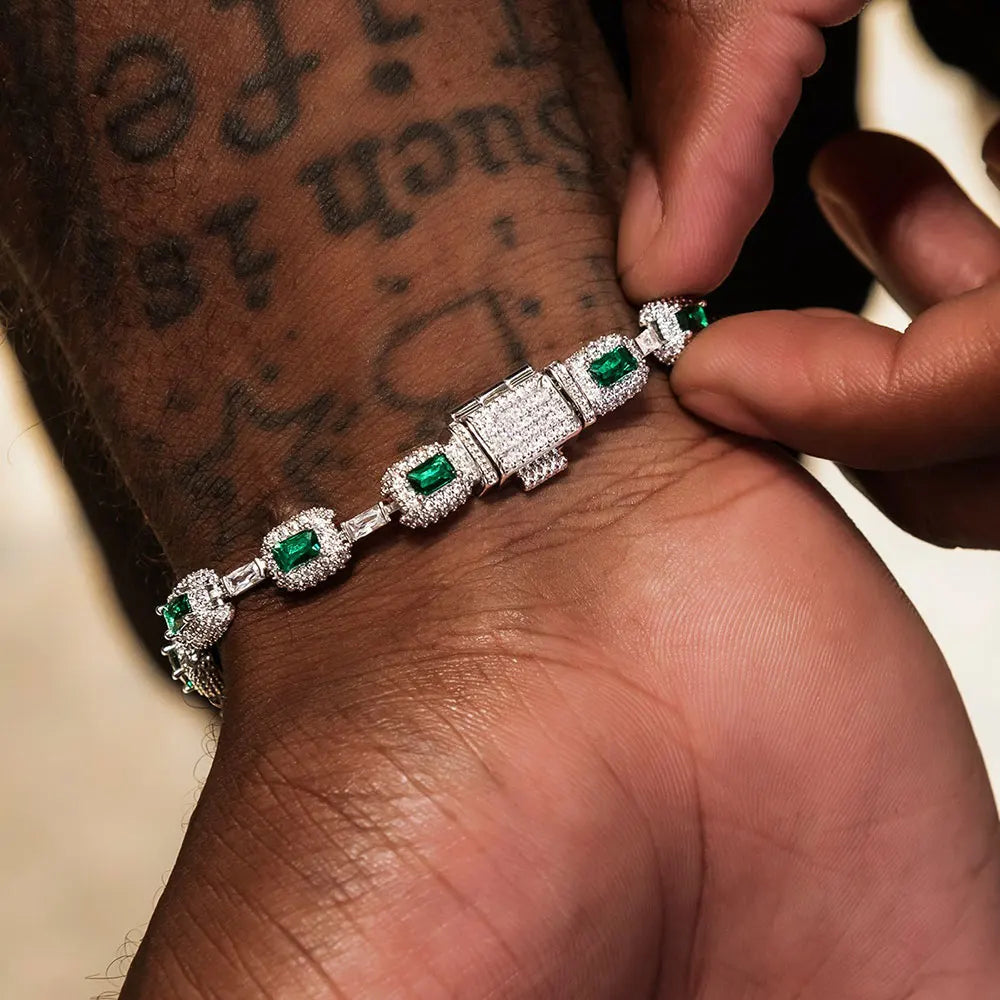 Gold Baguette Bracelet Iced Out Emerald Cushion