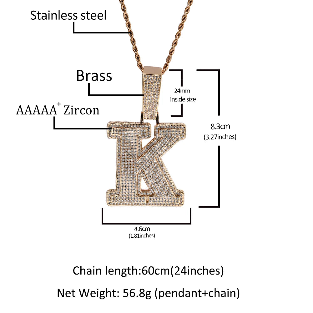 TBTK Big Bold Single Letter Pendant Initial Letter A-Z Micro Paved Out 5A Cubic Zirconia Charm Necklace Hiphop Jewelry