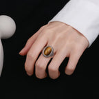 Silver Plated Rings Large Natural 10x14MM Black Agate Ring for Women Men Silver Party Jewelry Tiger Eye Turquoise Lapis