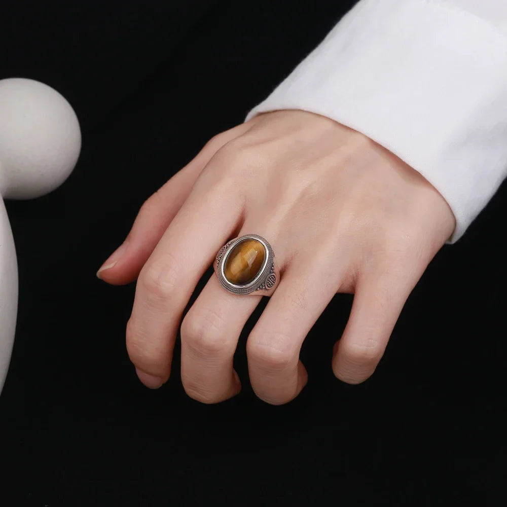 Silver Plated Rings Large Natural 10x14MM Black Agate Ring for Women Men Silver Party Jewelry Tiger Eye Turquoise Lapis