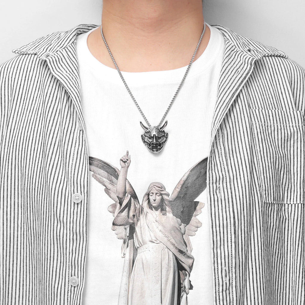 Japanese Prajna Mask Stainless Steel Men Women Necklaces Pendants Chain Punk Jewelry Creativity Gift Dropshipping Wholesale