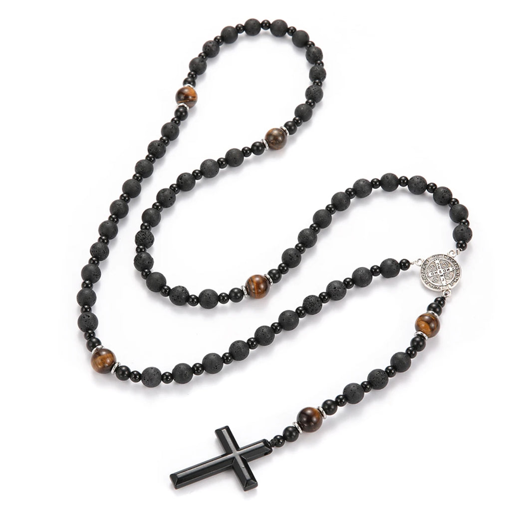 Lava Stone Cross Pendant Necklace — Zinc Alloy