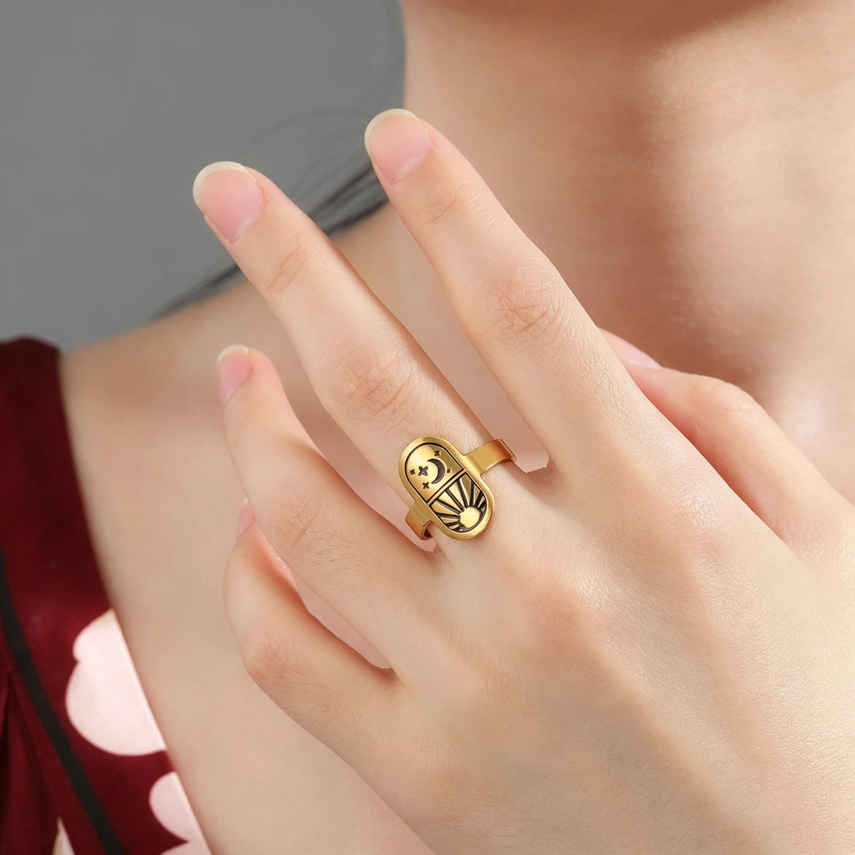 Sun Moon Star Adjustable Ring Vintage Celestial Tarot Signet Ring Stainless Steel Statement Open Ring Wiccan Spiritual