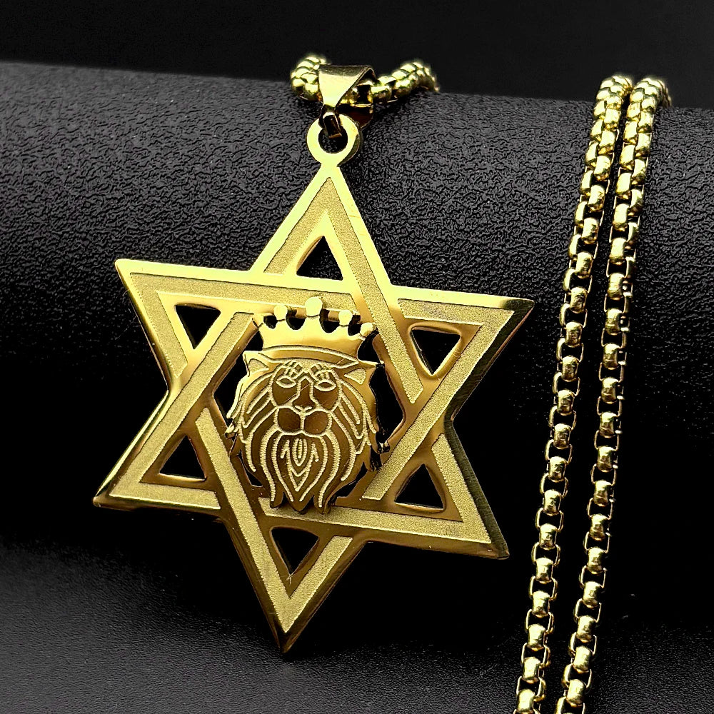 Star of David Lion of Judah Pendant Necklace — Gold-Tone Steel
