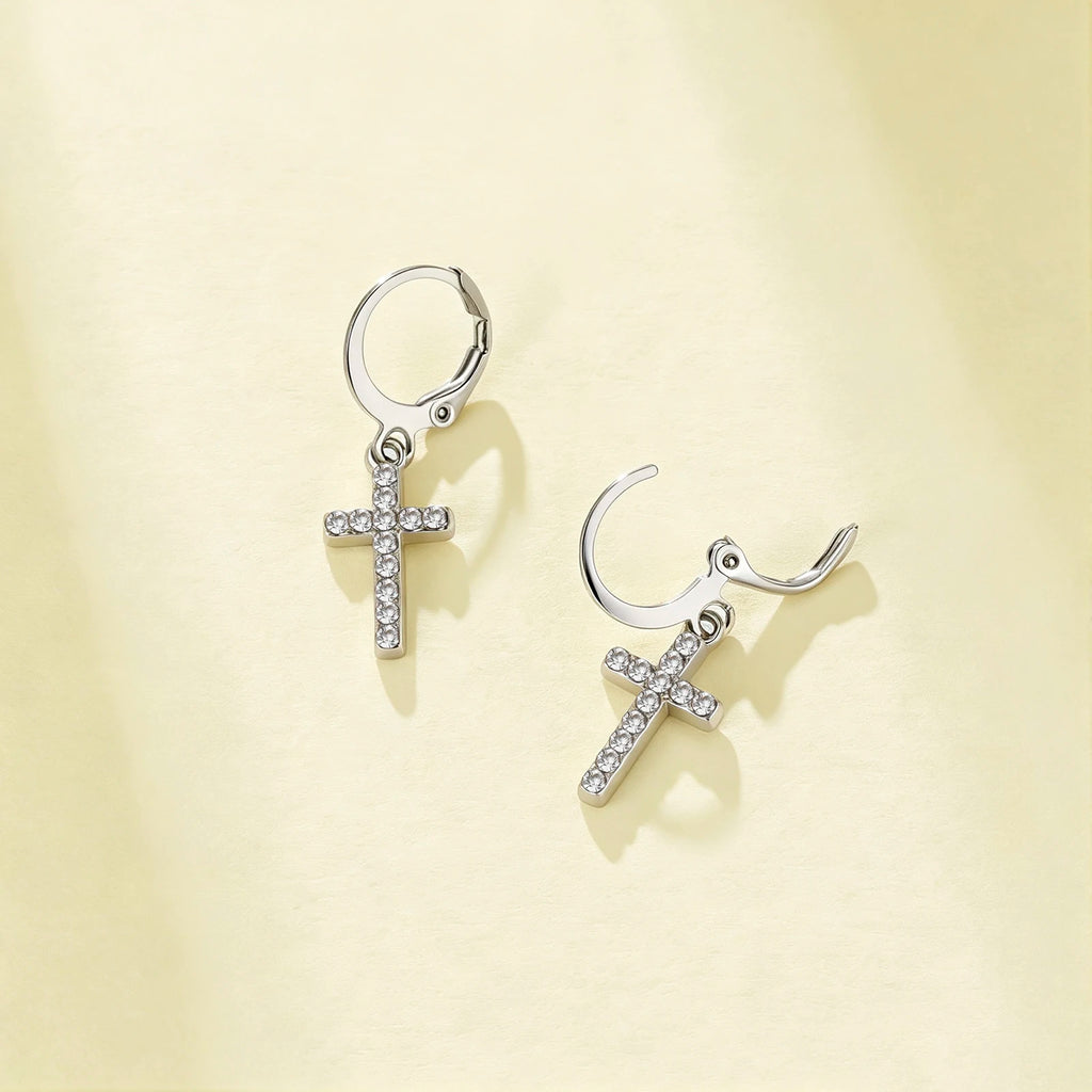 Iced Out CZ Cross Dangle Hoop Earrings — Stainless Steel