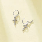 Iced Out CZ Cross Dangle Hoop Earrings — Stainless Steel