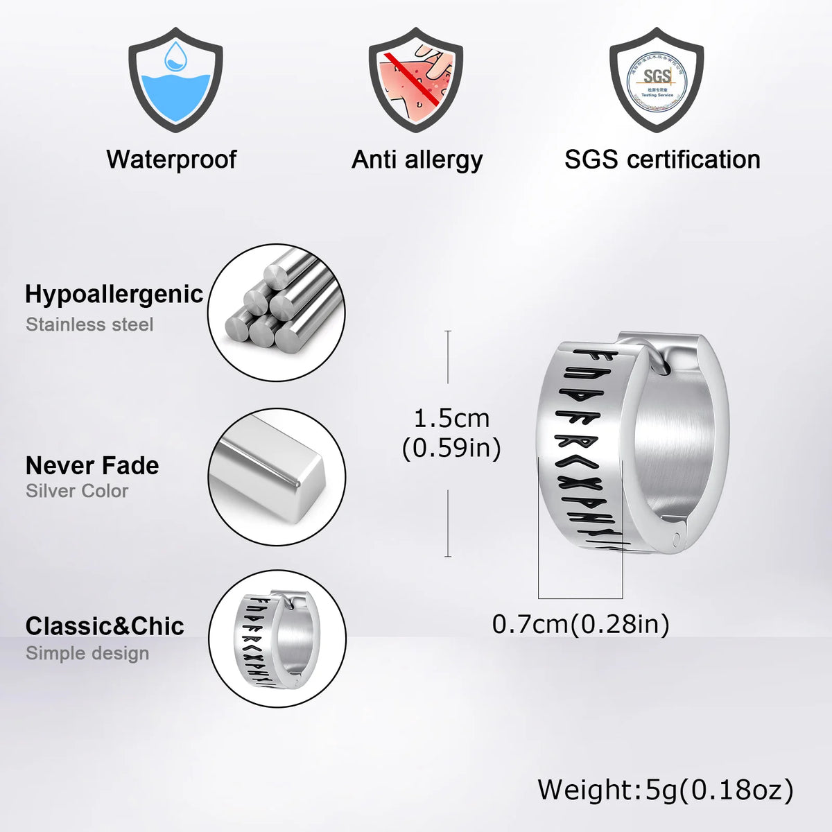 Norse Viking Rune Huggie Hoop Earrings — Two-Tone Steel