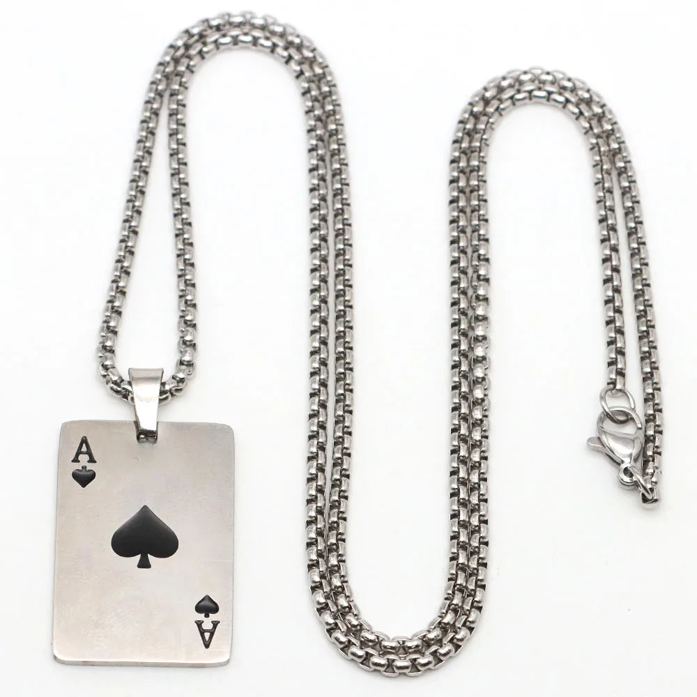 Hip Hop Statement Stainless Steel Poker Card Ace of Spades Necklace For Women Men Boys Playing Cards Chain Pendant Jewelry Gifts
