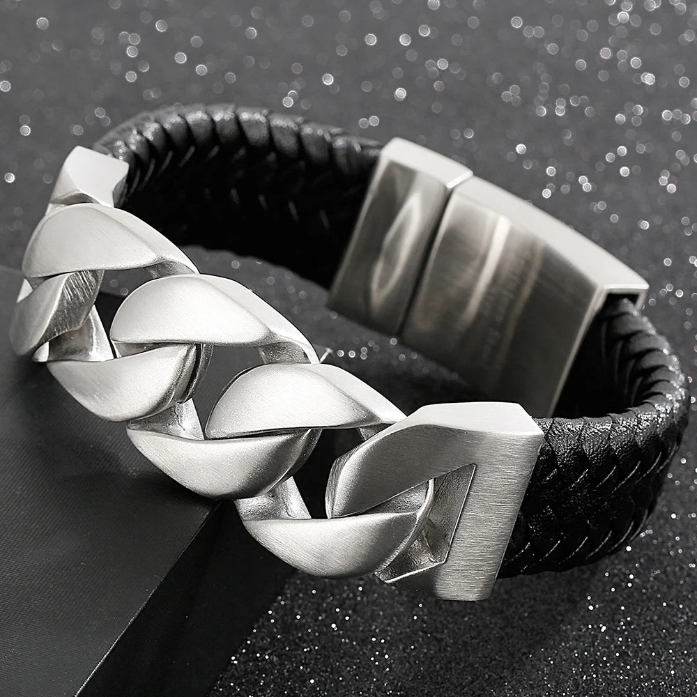 24MM Wide Cuban Chain Bracelet for Men Matte Brushed Stainless Steel With Braided Leather Men's Bracelets Bold Hip Hop