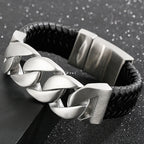 24MM Wide Cuban Chain Bracelet for Men Matte Brushed Stainless Steel With Braided Leather Men's Bracelets Bold Hip Hop