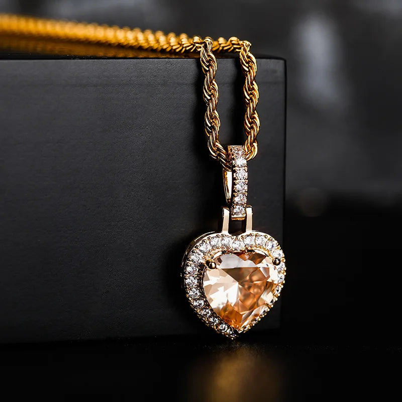 Iced Out Heart Pendant Necklace Stainless Steel CZ