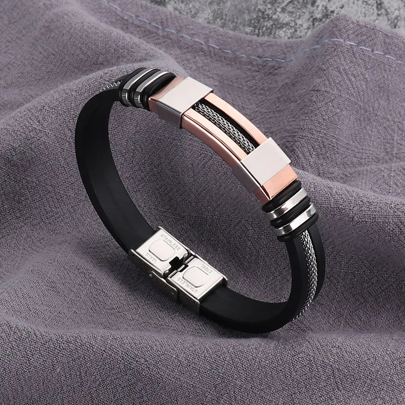 Fashion Stainless Steel Bracelets Men Wrist Band Black Grooved Rudder Silicone Mesh Link Insert Punk Wristband Casual