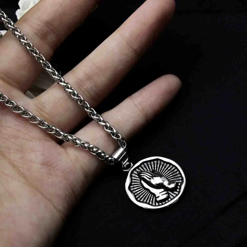 Stainless Steel Serenity Prayer Cross Pendant Religious Necklace Praying Hands Coin Medal For Him