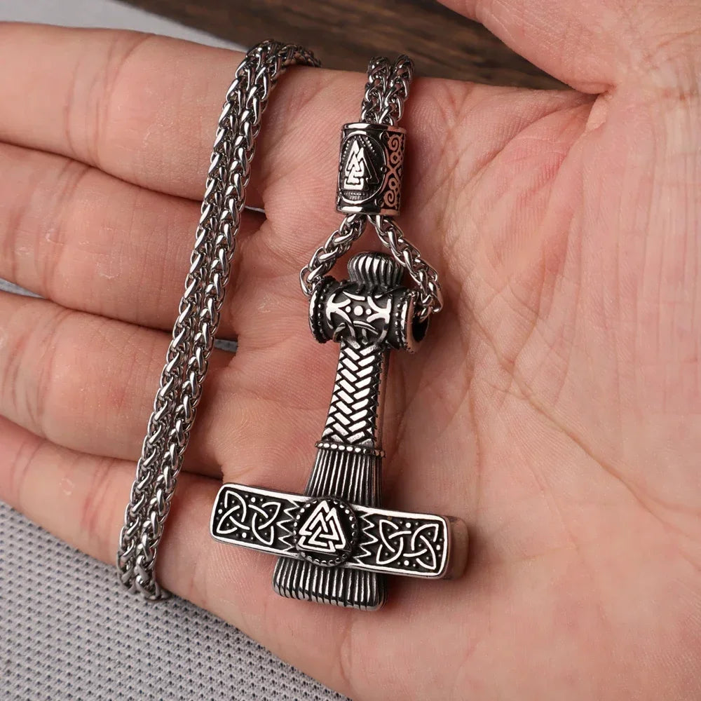 Multi Style Beaded Viking Thor's Hammer Pendant Necklace Stainless Steel Necklace Men Biker Mjolnir Amulet Jewelry