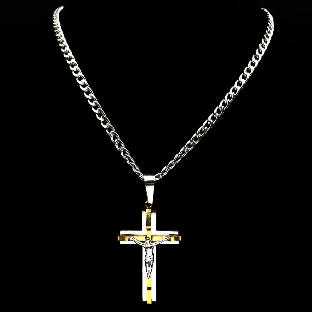 Jesus Crucifix Cross Pendant Necklace Amulet — Stainless Steel
