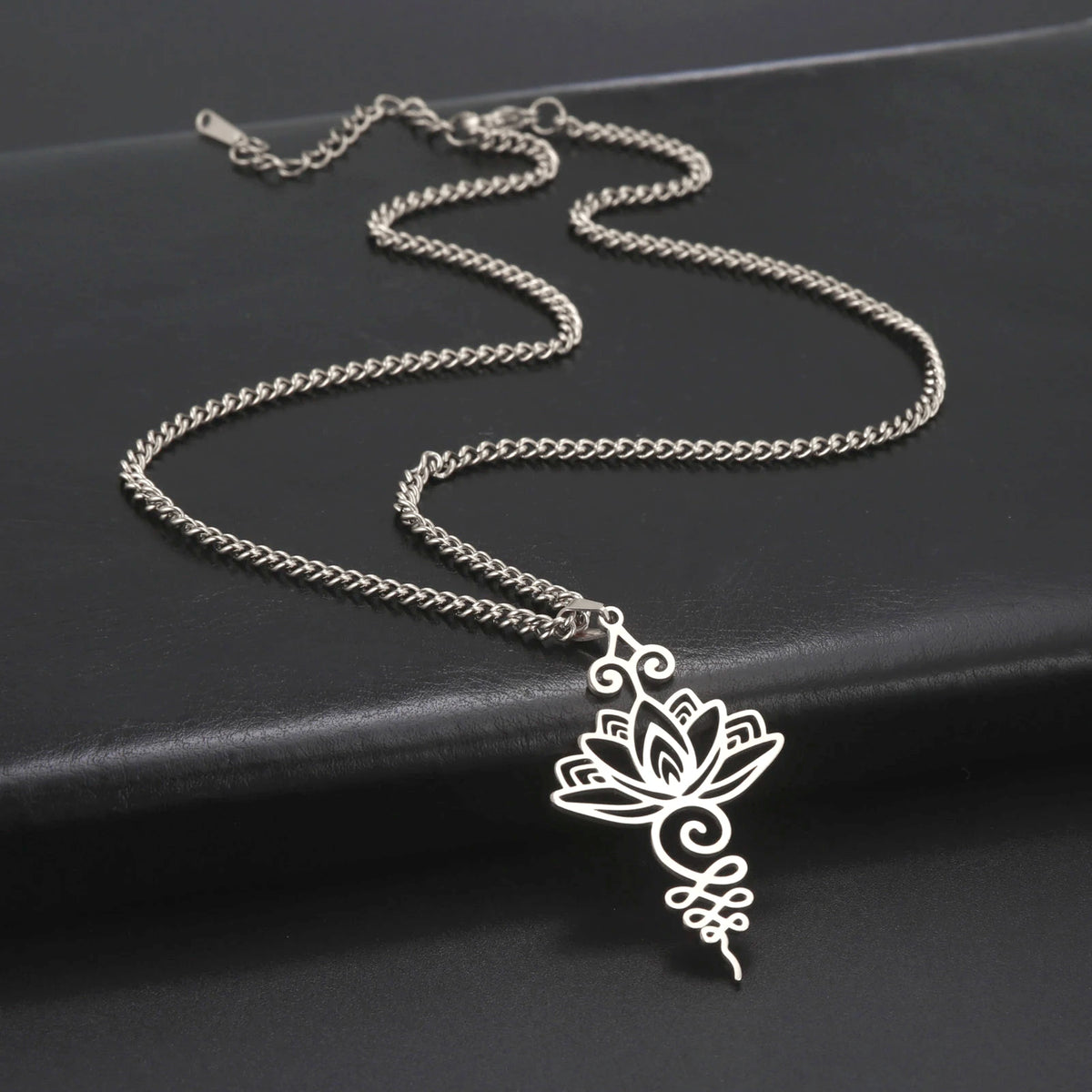 Unalome Lotus Flower Pendant Necklace — Stainless Steel Chain