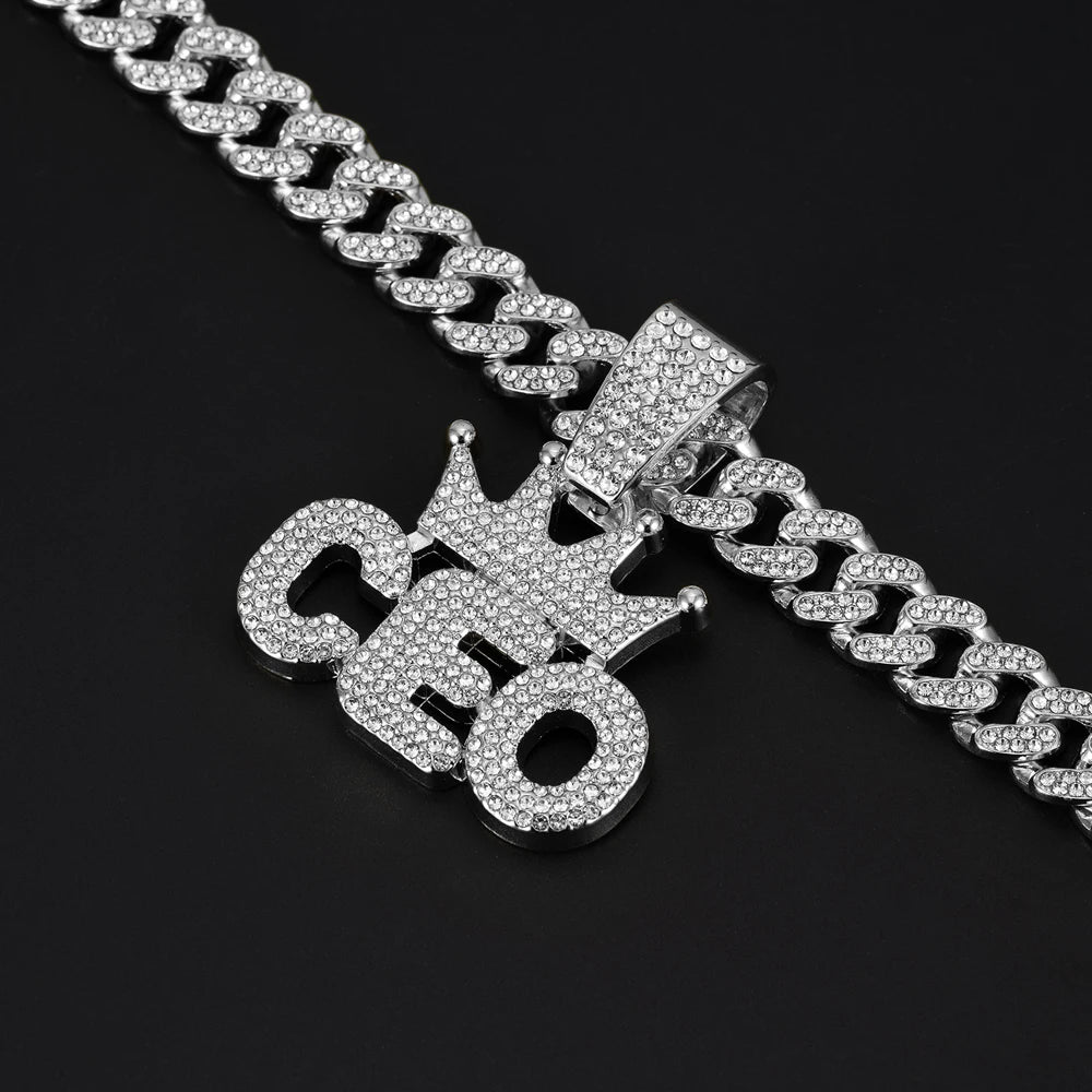 Iced Out Crown CEO Letter Pendant Cuban Link Chain Necklace