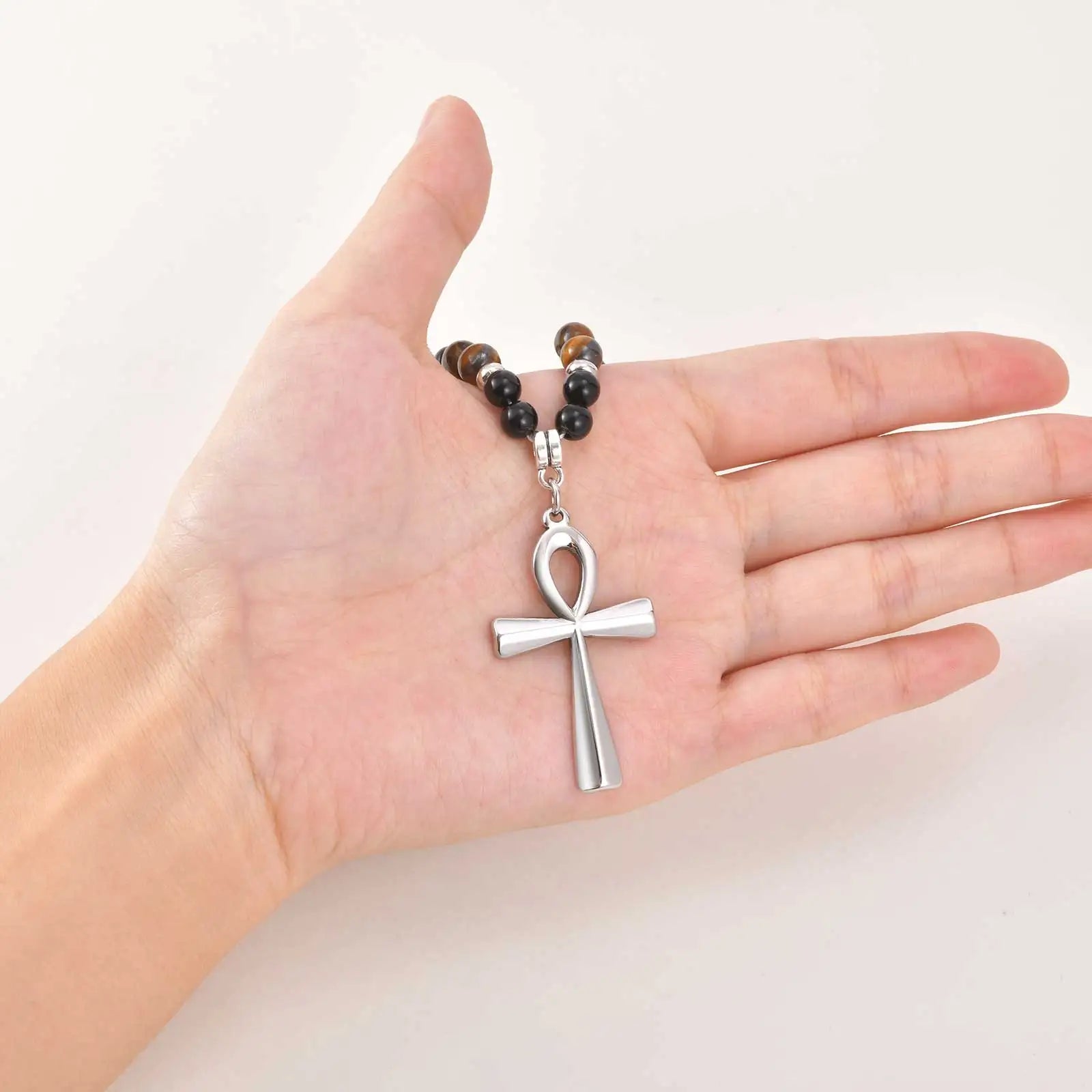 Fashion Stainless Steel Anka Cross Pendant Necklace, Natural Tiger Eye Stone Beaded Chain Necklace, Trendy Punk Jewelry