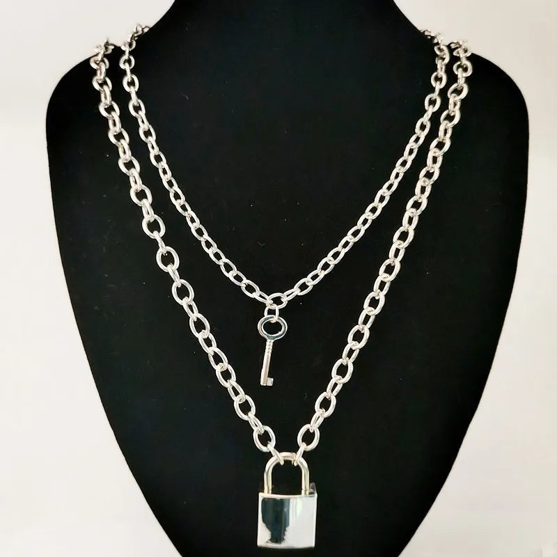 Punk Style Double Layer Padlock Key Necklace Hip Hop Chain Choker Pendant Jewelry Accessory for Women Men Daily Wear
