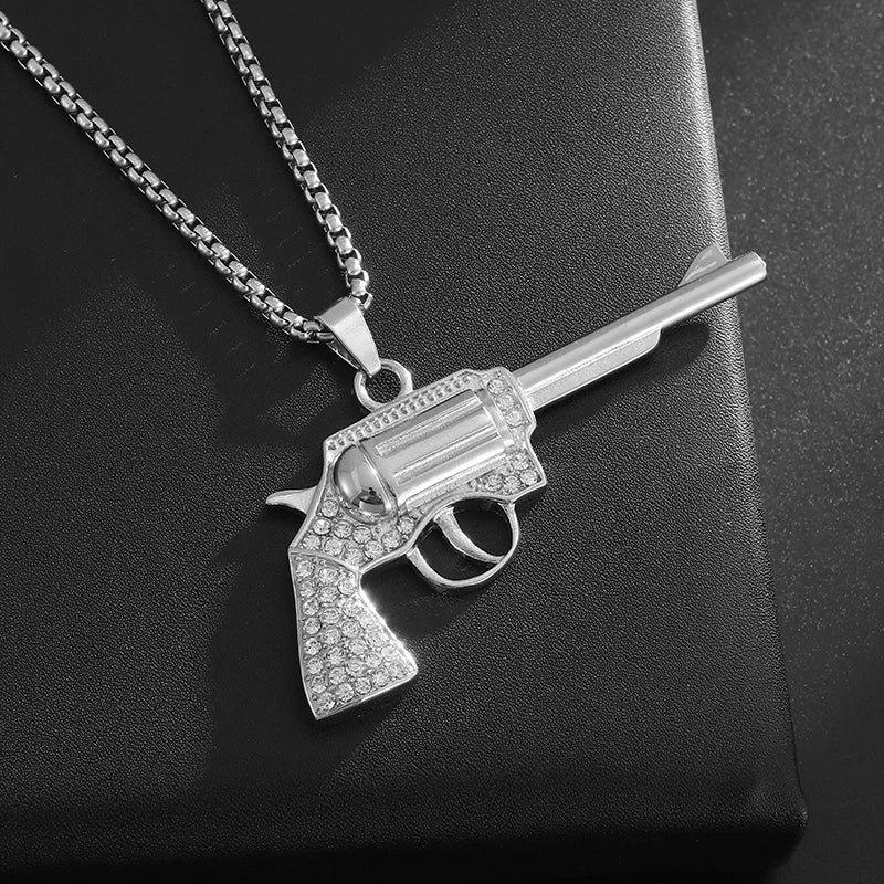 Crystal Pistol Pendant Necklace — Iced Out Two-Tone Street Chain