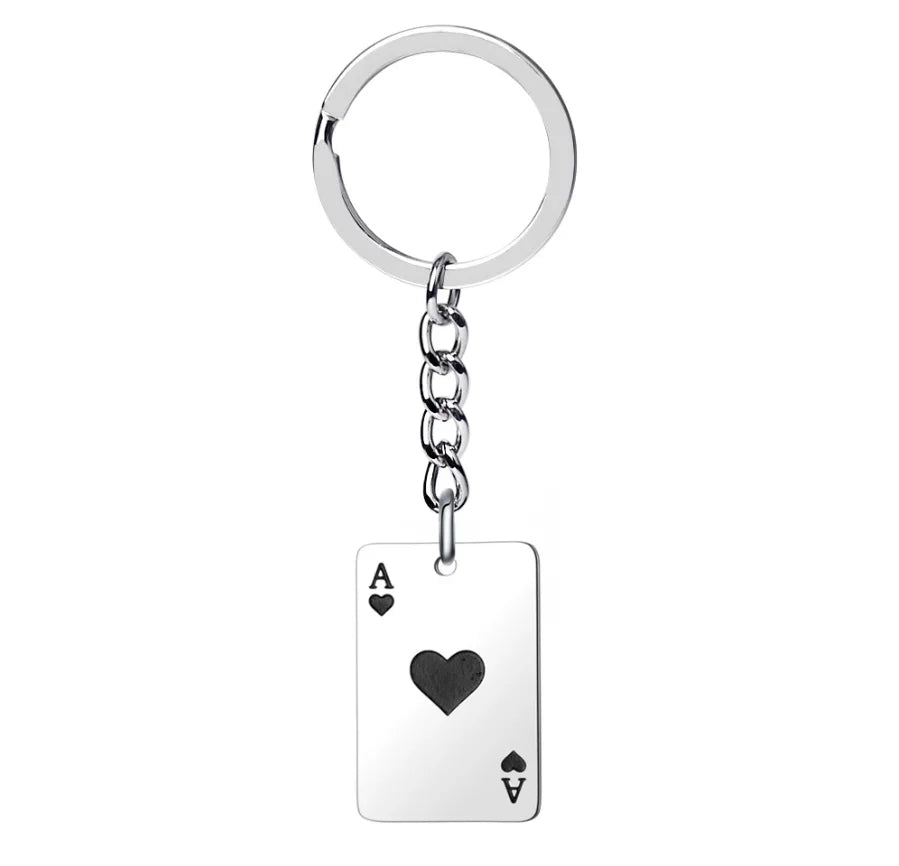 Fashion Lucky Spades Heart Ace Keychain Women Men Stainless Steel Black Red Square Poker Card Key Ring Key Charm Bag Accessories