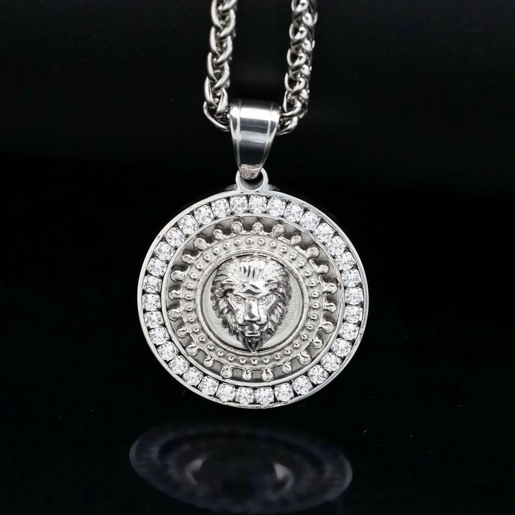 Lion Head Rhinestone Pendant Necklace — Stainless Steel