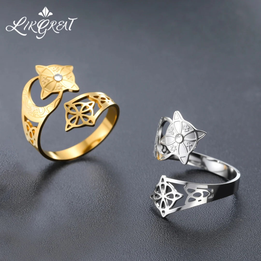 Wicca Crescent Moon Cat Ring Hollow Celtic Knot Witchcraft Star Crystal Inlaid Adjustable Stainless Steel Pagan Protection Ring