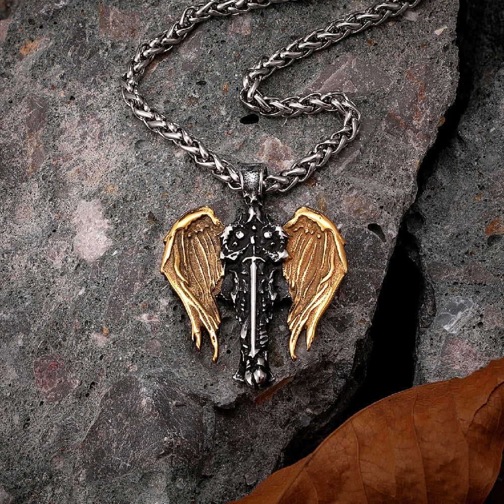 Mens Norse Knight Necklaces Titanium Steel Gold Color Archangel Wings Amulet Pendant Male Jewelry Never Fade Guardian Angel Gift